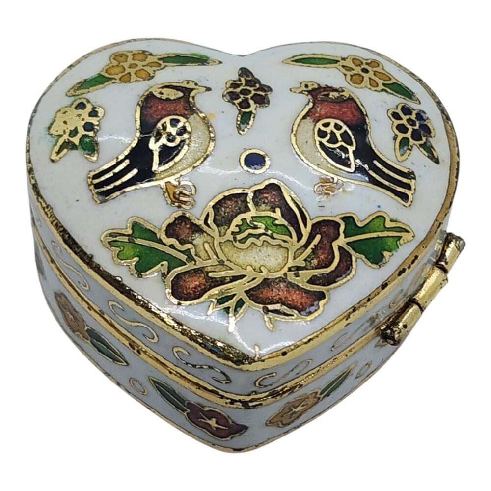 Vintage Cloisonné Enamel Heart Shaped Trinket Pill Gift Box Love Birds Roses